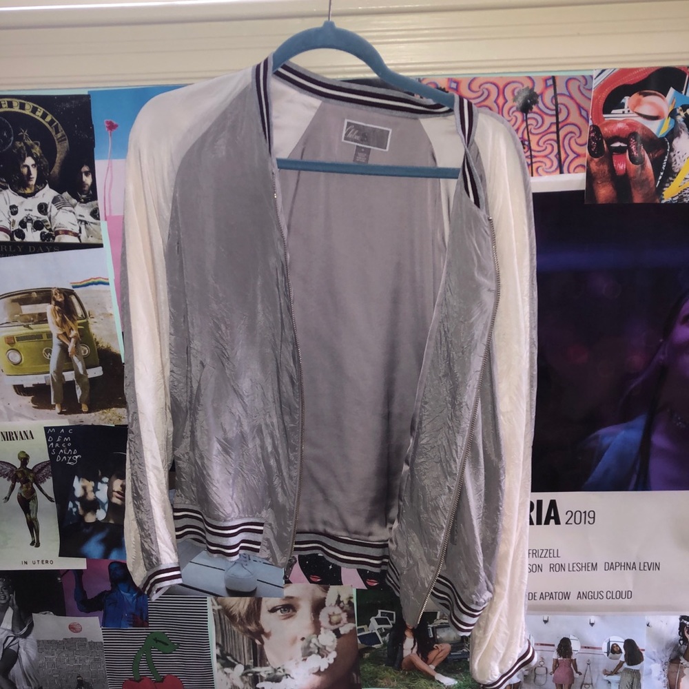 Grey, white, and red bomber jacket